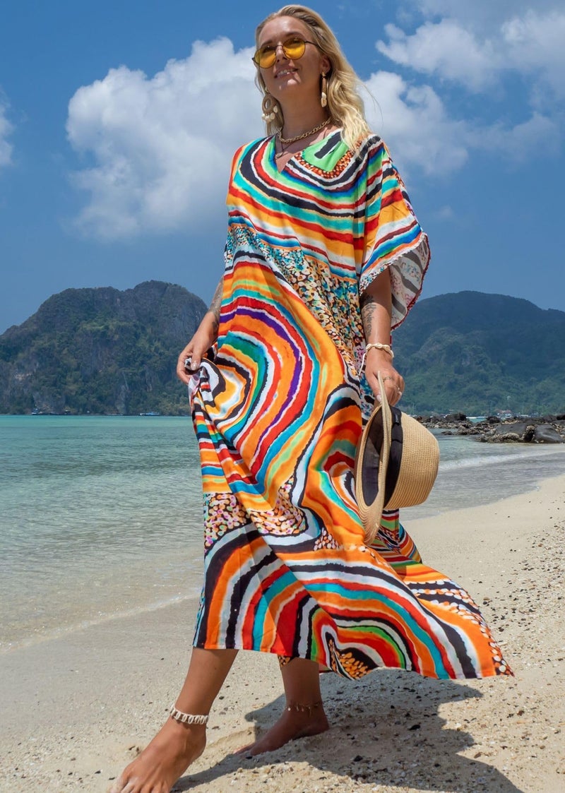 IMAGEKOPE Women's Plus Size Moroccan Print V-Neck Batwing Kaftan Loose Fit Beach Dress Bathing Suit Cover Up - Image 3