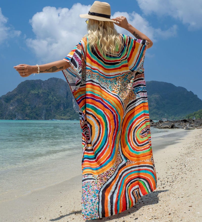 IMAGEKOPE Women's Plus Size Moroccan Print V-Neck Batwing Kaftan Loose Fit Beach Dress Bathing Suit Cover Up - Image 4