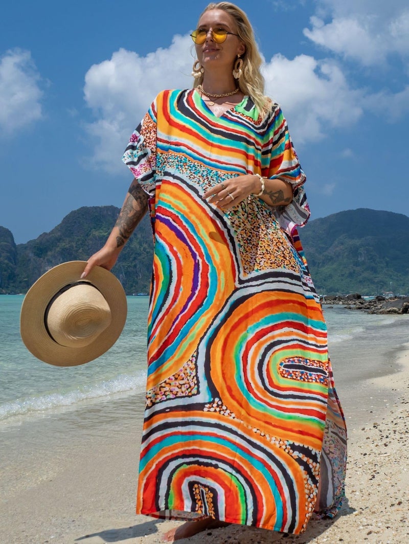 IMAGEKOPE Women's Plus Size Moroccan Print V-Neck Batwing Kaftan Loose Fit Beach Dress Bathing Suit Cover Up - Image 2