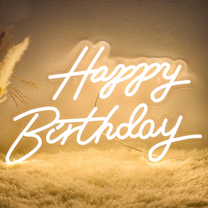 Dengduoduo Happy Birthday Neon Sign for Wall Decor, LED Happy Birthday Light Up Sign, USB Powered Dimmable Neon Light for Birthday Party Decorations Backdrop, Warm White - Image 1