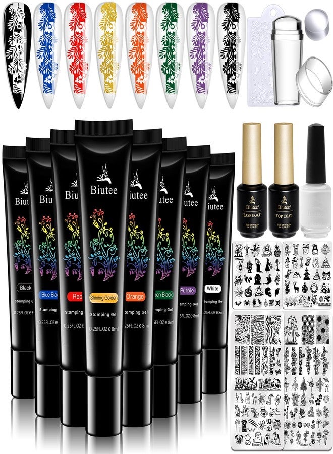 SEISSO 8 Colors Nail Stamping Polish Gels Nail Stamper Kit + 4pcs Nail Stamp Templates + 1 Peel Off Nail Tape Stamp Latex Bose Coat & Top Coat with Scraper Flower Holiday Art Design Gift DIY Manicure