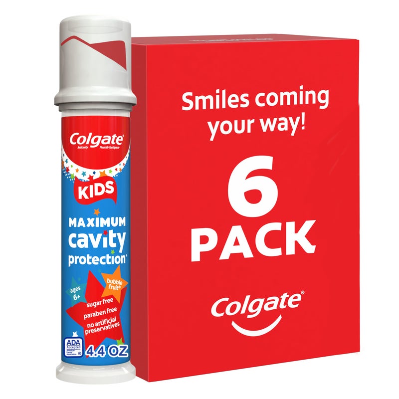 Colgate Kids Toothpaste Pump with Fluoride for Cavity Protection, Ages 6+, ADA Accepted, Bubble Fruit, 4.4 Ounce, 6 Pack - Image 1