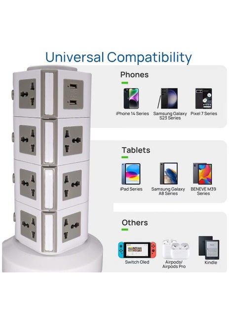 Universal Vertical Tower Power Strip – Multi-Socket (110V-250V) with 2 USB Ports, Electric Charging Station Surge Protector, Four-Layer Design, Suitable for Any Country