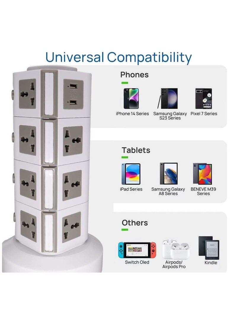 TIGER Universal Vertical Tower Power Strip – Multi-Socket (110V-250V) with 2 USB Ports, Electric Charging Station Surge Protector, Four-Layer Design, Suitable for Any Country  - Image 1