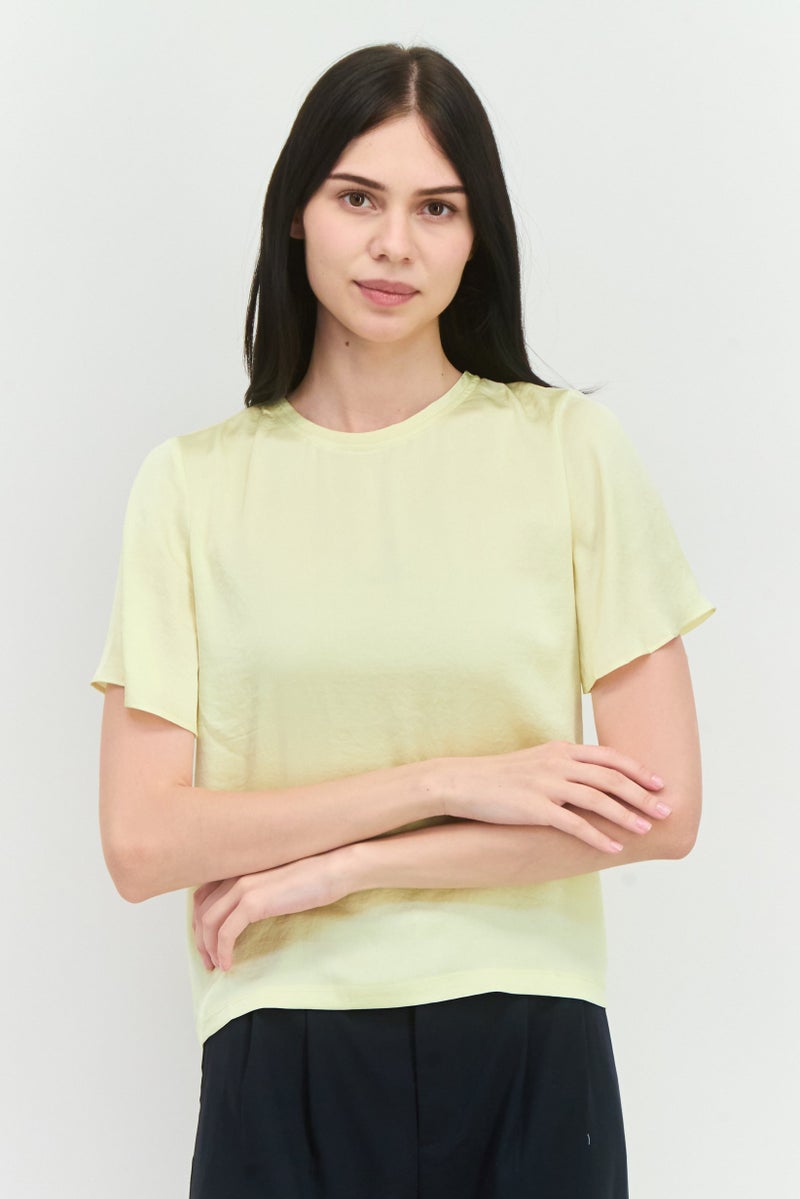 MANGO Women Round Neck Short Sleeves Plain Blouse, Light Yellow - Image 1