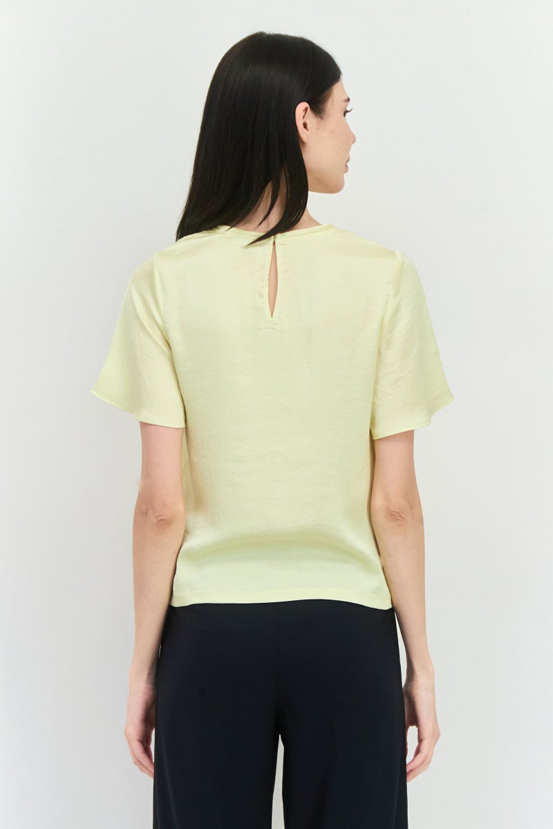 MANGO Women Round Neck Short Sleeves Plain Blouse, Light Yellow - Image 3