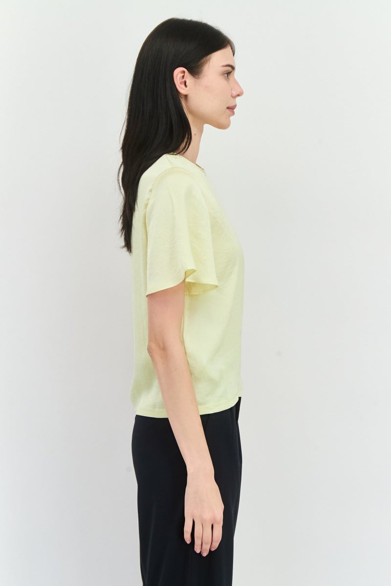 MANGO Women Round Neck Short Sleeves Plain Blouse, Light Yellow - Image 2