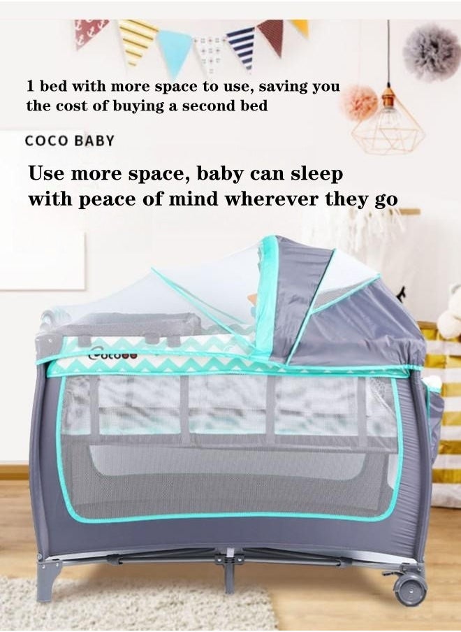COCO BABY - Two Layer Bed Portable Foldable And Movable Diaper Table Baby Care Table Baby Crib With Mosquito Net And Mattress And Diaper Table 0-36 Months - Image 1