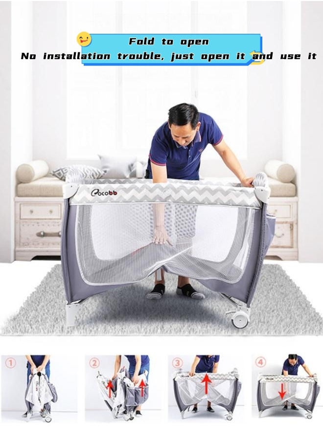 COCO BABY - Two Layer Bed Portable Foldable And Movable Diaper Table Baby Care Table Baby Crib With Mosquito Net And Mattress And Diaper Table 0-36 Months - Image 1
