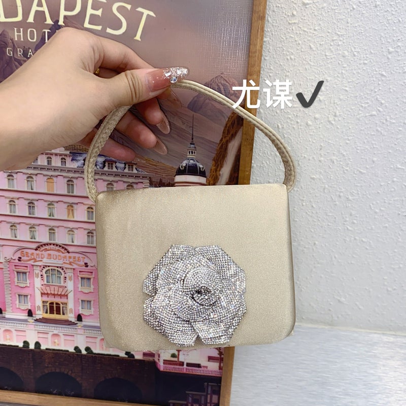 French Banquet Silk Satin Small Square Bag High-Grade Flower Mini Lipstick Change Key Hand Messenger Bag - Image 1