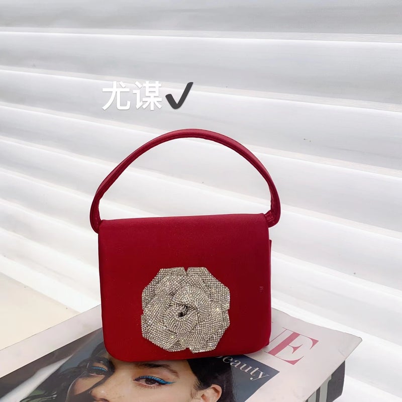 French Banquet Silk Satin Small Square Bag High-Grade Flower Mini Lipstick Change Key Hand Messenger Bag - Image 3