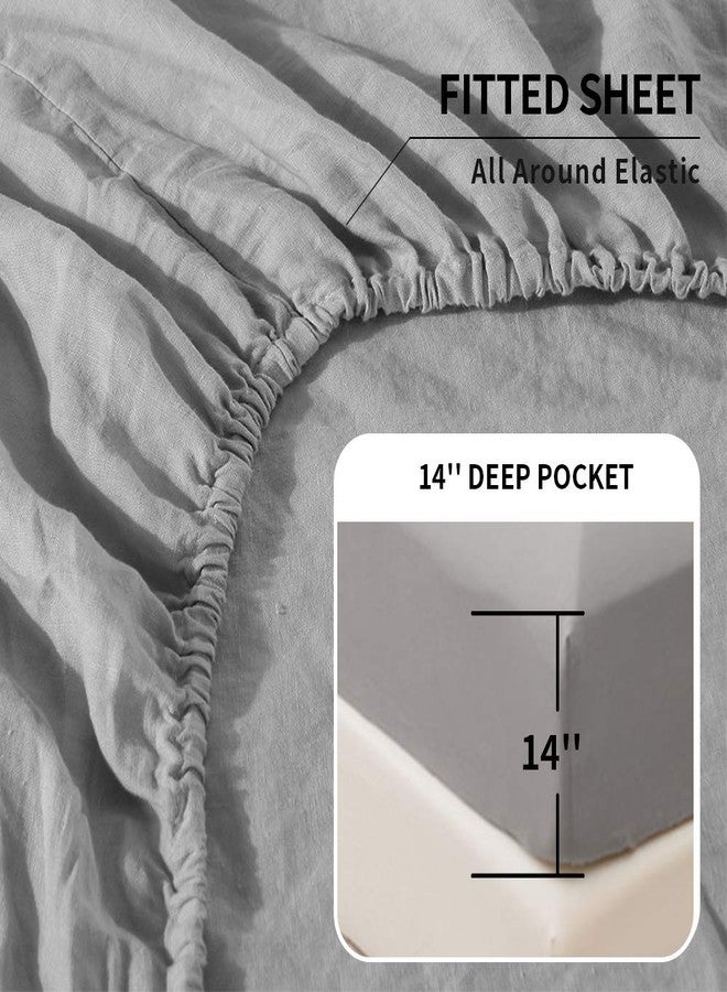 Simple&Opulence Belgian Linen Sheet Set Solid Color - 4 Pieces (1 Flat Sheet, 1 Fitted Sheet & 2 Pillowcases) Natural Flax Cotton Blend Soft Breathable Farmhouse Bedding - Queen Size, Grey - Image 3