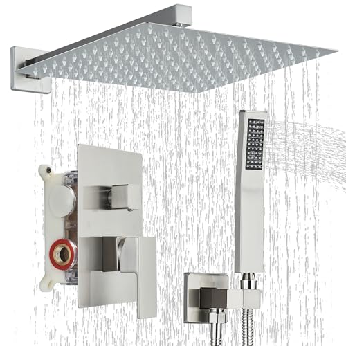 Ackwave Shower Faucet Set Brushed Nickel Shower System with 12 Inches Rain Shower Head and Handheld Sprayer Wall Mounted Shower Fixture Set with Brass Shower Valve - Image 1