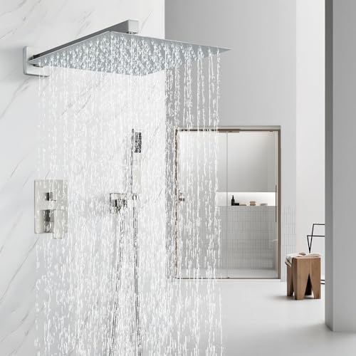 Ackwave Shower Faucet Set Brushed Nickel Shower System with 12 Inches Rain Shower Head and Handheld Sprayer Wall Mounted Shower Fixture Set with Brass Shower Valve - Image 2