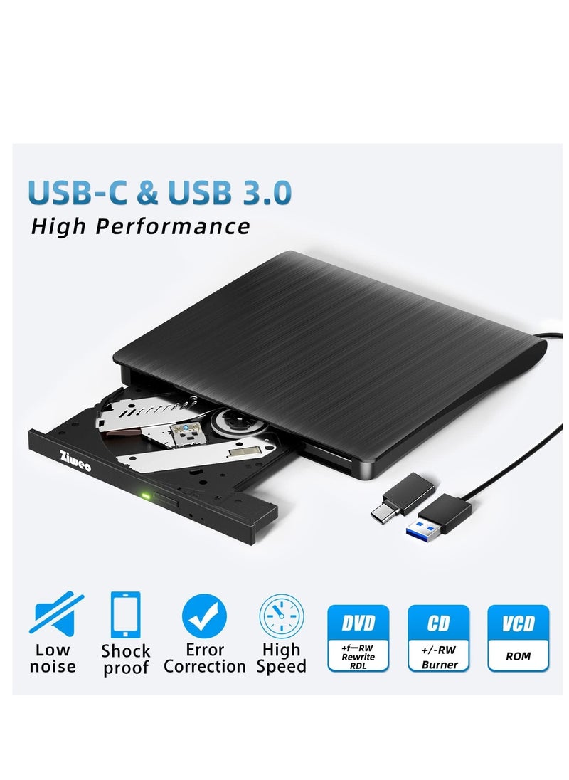 ماركة غير محددة - محرك اقراص دي في دي خارجي USB 3.0 نوع C محمول CD +/-RW مشغل دي في دي لموقد اعادة كتابة روم متوافق مع اللابتوب والكمبيوتر المكتبي وويندوز وماك بوك ولينكس وماك او اس - Image 1