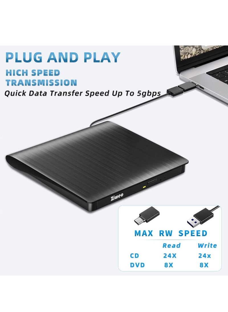ماركة غير محددة - محرك اقراص دي في دي خارجي USB 3.0 نوع C محمول CD +/-RW مشغل دي في دي لموقد اعادة كتابة روم متوافق مع اللابتوب والكمبيوتر المكتبي وويندوز وماك بوك ولينكس وماك او اس - Image 1