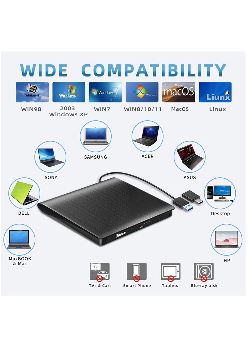 ماركة غير محددة - محرك اقراص دي في دي خارجي USB 3.0 نوع C محمول CD +/-RW مشغل دي في دي لموقد اعادة كتابة روم متوافق مع اللابتوب والكمبيوتر المكتبي وويندوز وماك بوك ولينكس وماك او اس - Image 1