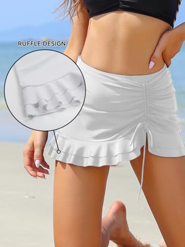 SHEKINI Women's Swimdress Ruffle Swim Skirt High Waist Side Pull Tie Swimsuit Bottom (White, Large) - Image 5