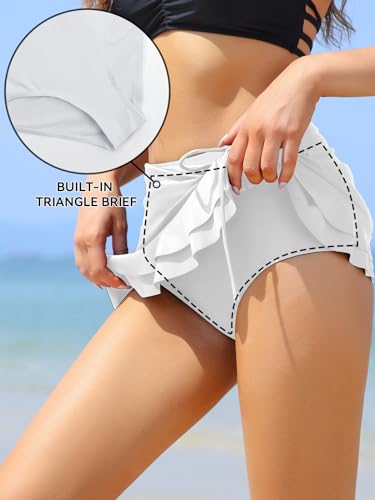 SHEKINI Women's Swimdress Ruffle Swim Skirt High Waist Side Pull Tie Swimsuit Bottom (White, Large) - Image 3