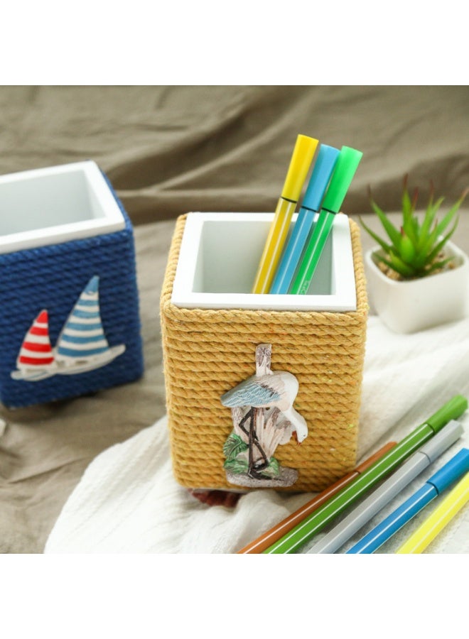 YINZUO Nautical Rope Pen Holder – Coastal Desk Organizer with Sailboat/Anchor/Seagull Decor – Beach Theme Office Pencil Cup - Image 1