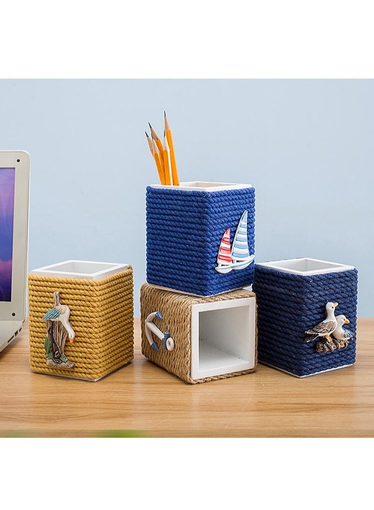 YINZUO Nautical Rope Pen Holder – Coastal Desk Organizer with Sailboat/Anchor/Seagull Decor – Beach Theme Office Pencil Cup - Image 3