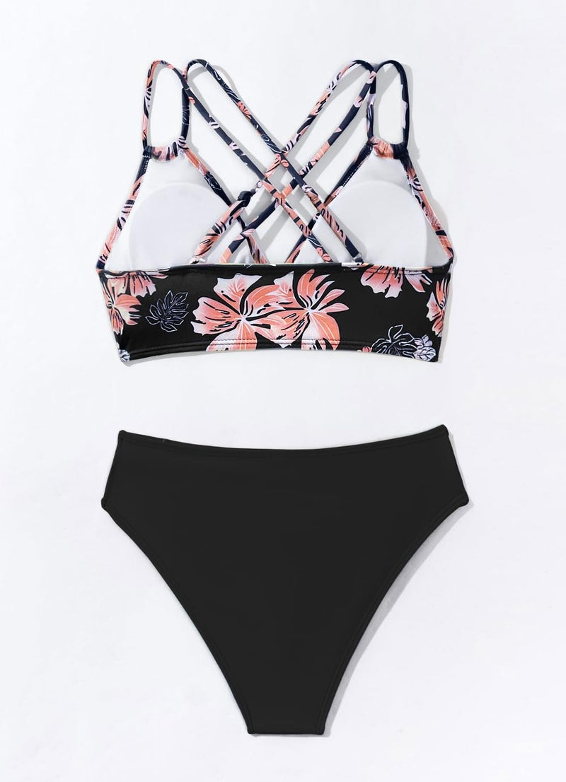 Fanuerg Women's V Neck Bikini Sets Hollow Out Push Up Swimsuit Criss Cross Back Two Piece Bathing Suit Black Floral L - Image 5