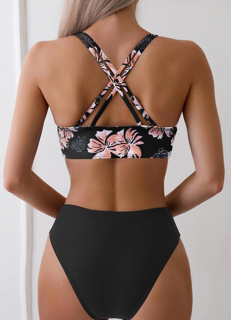 Fanuerg Women's V Neck Bikini Sets Hollow Out Push Up Swimsuit Criss Cross Back Two Piece Bathing Suit Black Floral L - Image 2