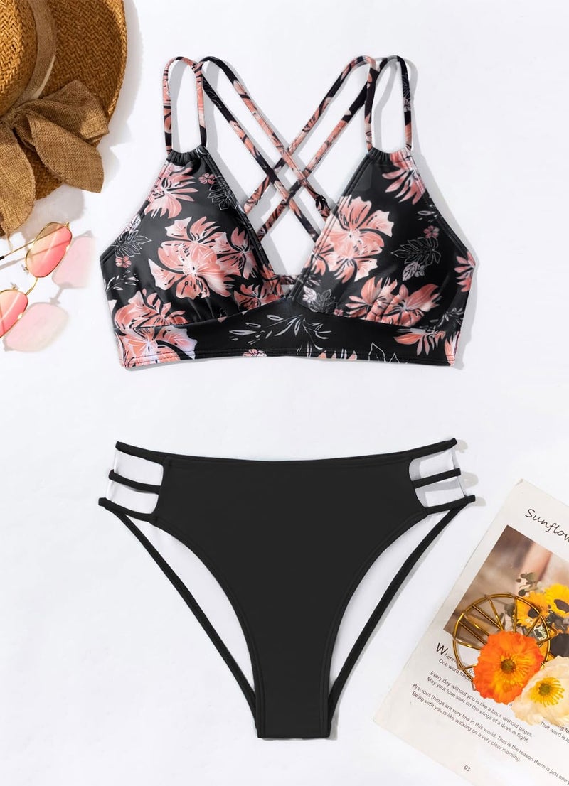 Fanuerg Women's V Neck Bikini Sets Hollow Out Push Up Swimsuit Criss Cross Back Two Piece Bathing Suit Black Floral L - Image 4