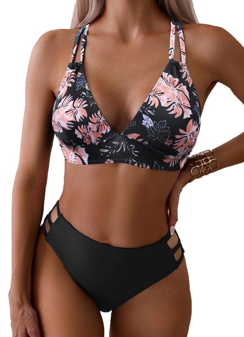 Fanuerg Women's V Neck Bikini Sets Hollow Out Push Up Swimsuit Criss Cross Back Two Piece Bathing Suit Black Floral L - Image 1
