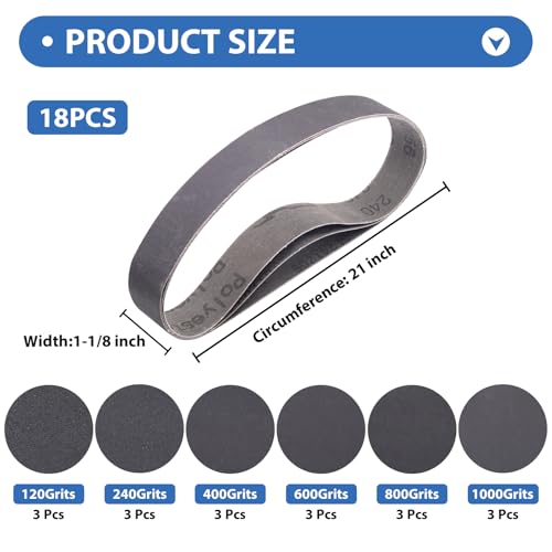 Taokyid 18 Pack 1-1/8 x 21 Inch Sanding Belts, 3 Each of 120 240 400 600 800 1000 Grits Sander Belts for Makita Sander, 1-1/8-Inch x 21-Inch Abrasive Silicon Carbide Sander Belts - Image 2
