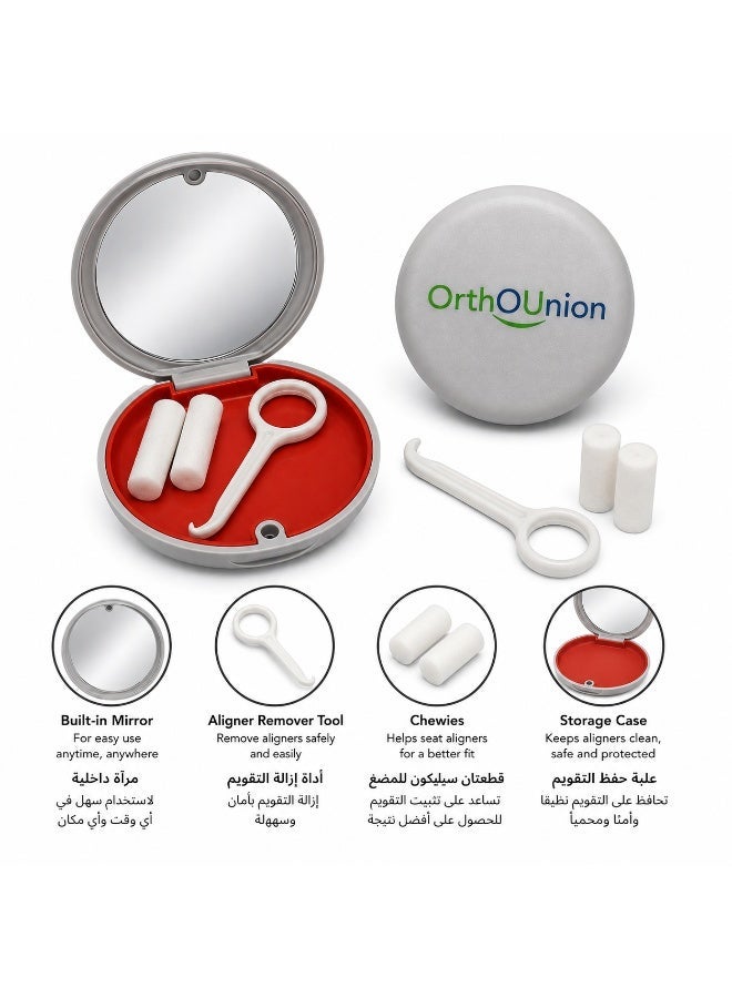 OrthoUnion Aligner Case with Chewis, Remover Tool, and Mirror White Color - Image 2