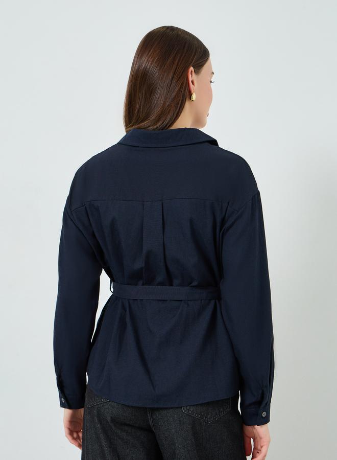 Styli Navy Blue Open Collar Belted Top - Image 4