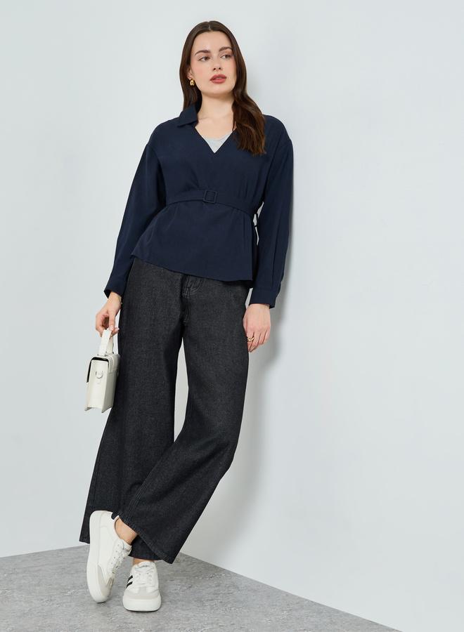 Styli Navy Blue Open Collar Belted Top - Image 2