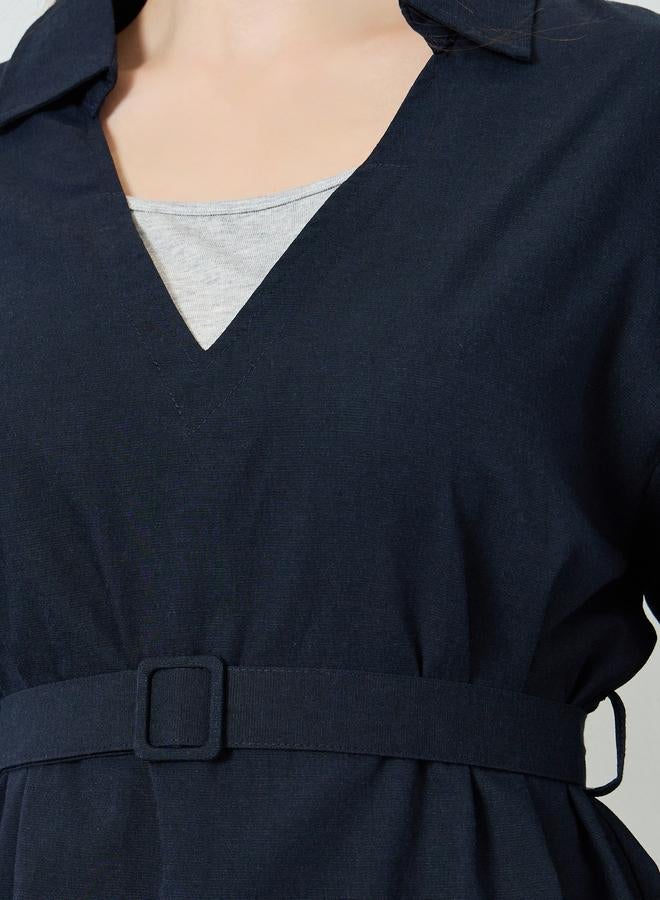 Styli Navy Blue Open Collar Belted Top - Image 3