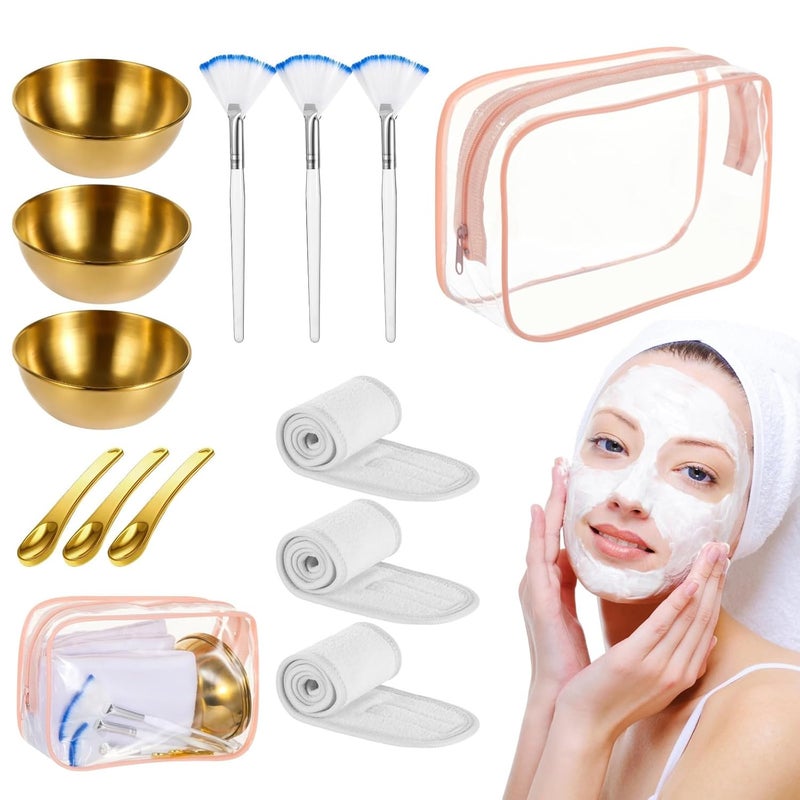 Skincare Set: Golden Bowls, Spoons, Brushes, Headbands, And Bag (Ten Pieces) - Image 1