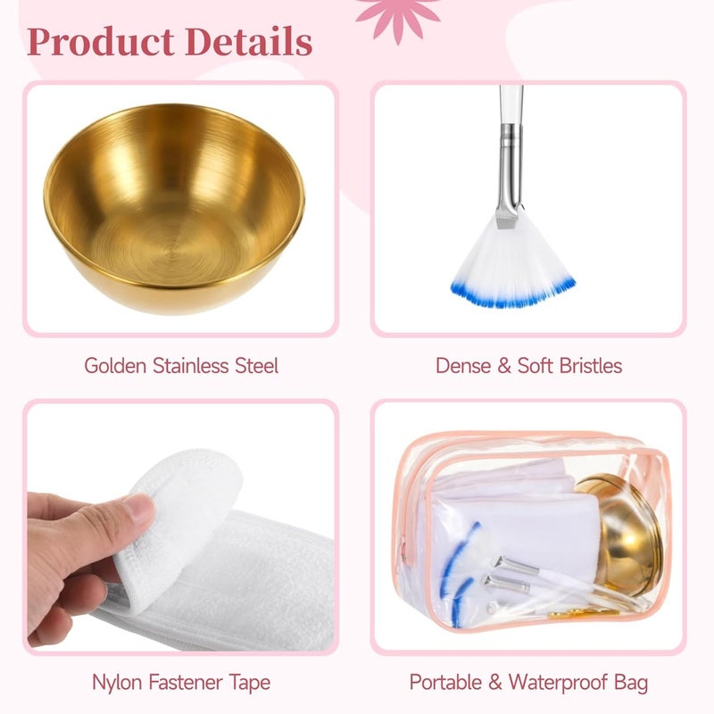 Skincare Set: Golden Bowls, Spoons, Brushes, Headbands, And Bag (Ten Pieces) - Image 4
