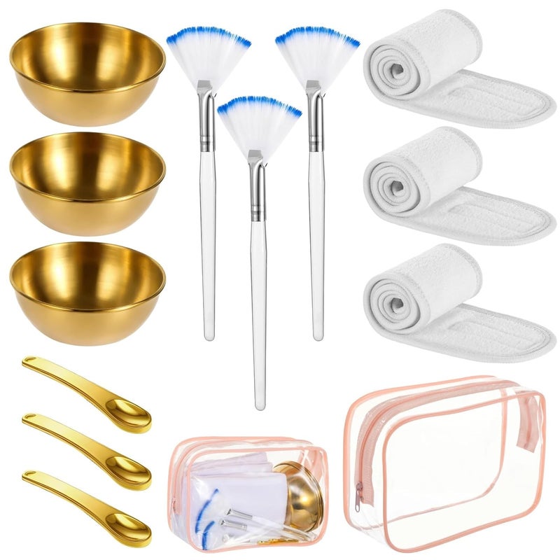 Skincare Set: Golden Bowls, Spoons, Brushes, Headbands, And Bag (Ten Pieces) - Image 3