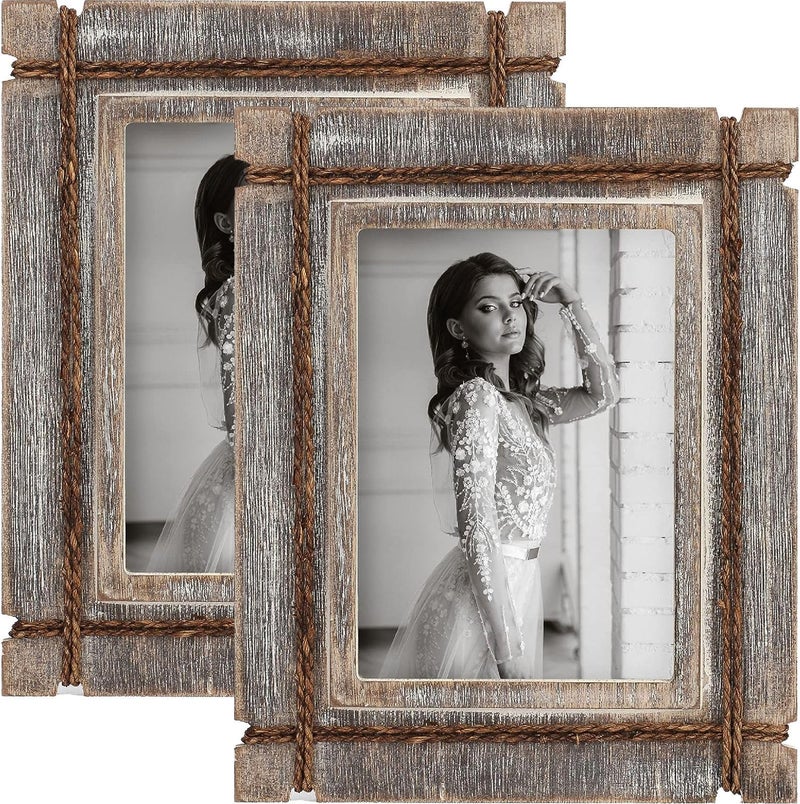 AKRILANE 5x7 Picture Frame Wood Rustic  Decorative  Distressed & Vintage Looking Photo Frames Wall Decor for Wall Mount & Table Top Display for Home Decor - 5 x 7 Wedding Picture Frames - Style D - Image 1