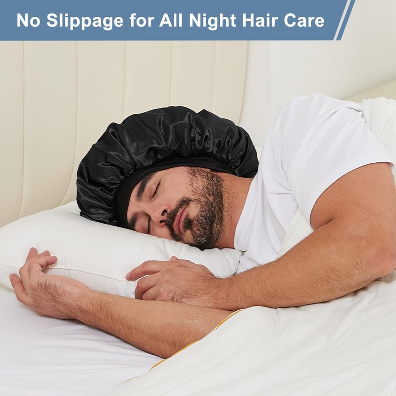 Supaze 2 PCS Satin Silk Bonnet for Men Women, Hair Bonnet for Sleeping Men with Elastic Band, Large Silk Bonnet for Men Women Curly Hair Braids (Black+Blue) - Image 2
