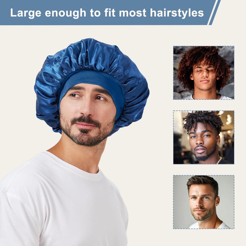 Supaze 2 PCS Satin Silk Bonnet for Men Women, Hair Bonnet for Sleeping Men with Elastic Band, Large Silk Bonnet for Men Women Curly Hair Braids (Black+Blue) - Image 5