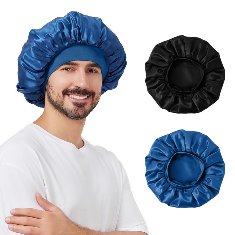 Supaze 2 PCS Satin Silk Bonnet for Men Women, Hair Bonnet for Sleeping Men with Elastic Band, Large Silk Bonnet for Men Women Curly Hair Braids (Black+Blue) - Image 1