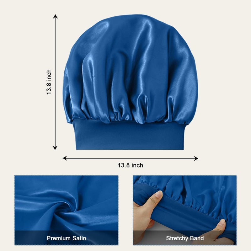 Supaze 2 PCS Satin Silk Bonnet for Men Women, Hair Bonnet for Sleeping Men with Elastic Band, Large Silk Bonnet for Men Women Curly Hair Braids (Black+Blue) - Image 3