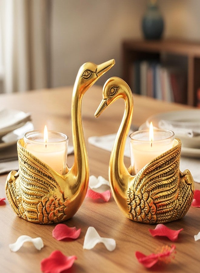 ZAICUS Diwali Decoration Golden Swan Tealight Candle Holder Set | Aluminium Couple Swan Decor Showpiece for Living Room, Bedroom | Candle Stand for Home Decor & Diwali Gifting - Image 1