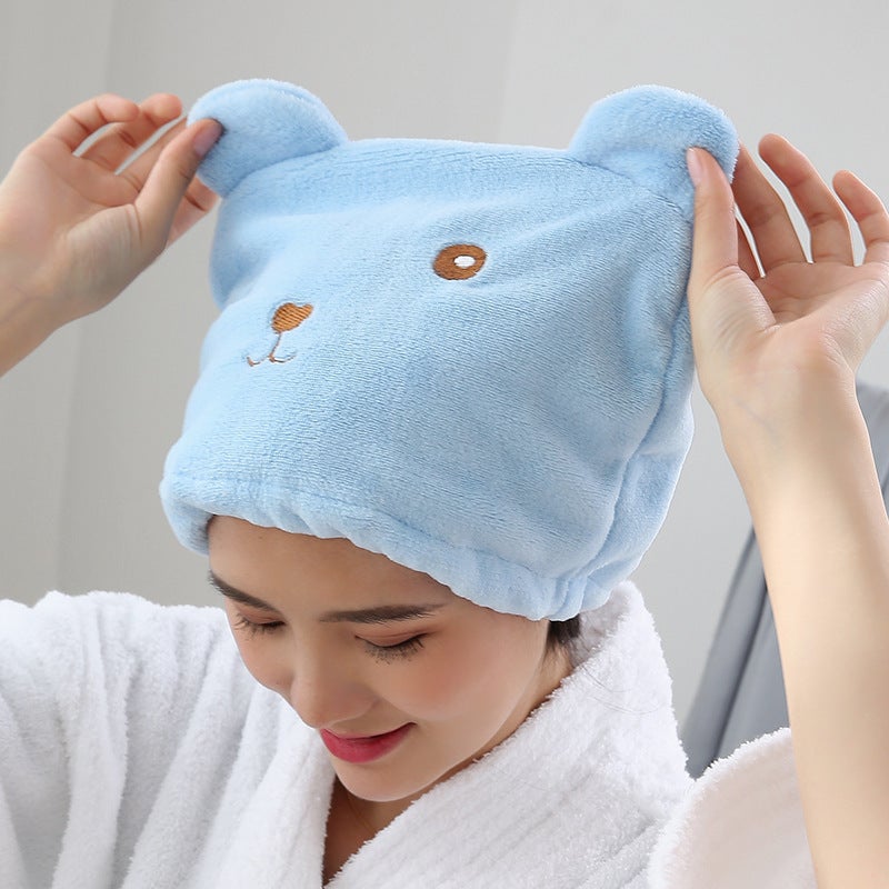 Generic Cartoon Embroidered Bear Thick Coral Fleece Hair Drying Cap Blue 