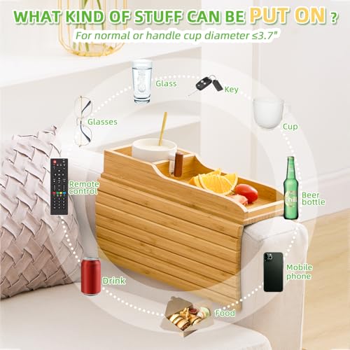 GEHE Detachable Couch Cup Holder, Anti Falling Sofa Arm Tray, Natural Bamboo Sofa Cup Holder More Safe for You Family, Portable Couch Arm Tray Armrest Table for Remote, Snacks, Phone, Drinks - Image 3