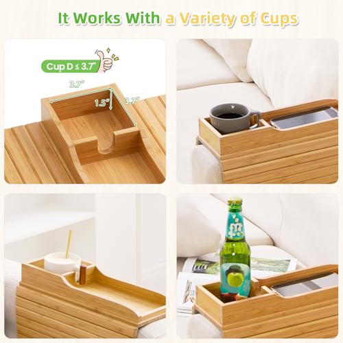 GEHE Detachable Couch Cup Holder, Anti Falling Sofa Arm Tray, Natural Bamboo Sofa Cup Holder More Safe for You Family, Portable Couch Arm Tray Armrest Table for Remote, Snacks, Phone, Drinks - Image 5