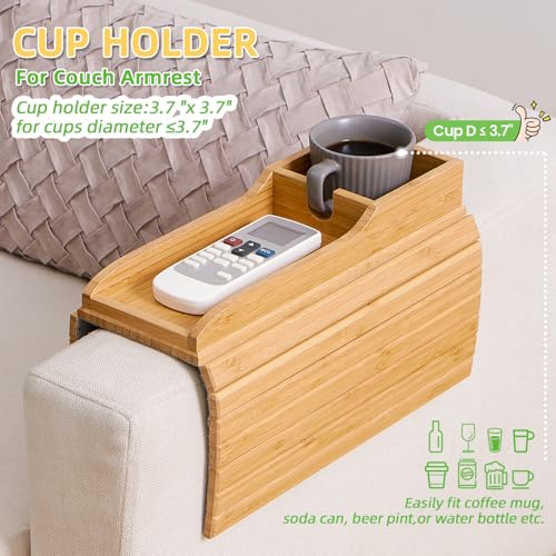 GEHE Detachable Couch Cup Holder, Anti Falling Sofa Arm Tray, Natural Bamboo Sofa Cup Holder More Safe for You Family, Portable Couch Arm Tray Armrest Table for Remote, Snacks, Phone, Drinks - Image 2