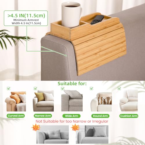 GEHE Detachable Couch Cup Holder, Anti Falling Sofa Arm Tray, Natural Bamboo Sofa Cup Holder More Safe for You Family, Portable Couch Arm Tray Armrest Table for Remote, Snacks, Phone, Drinks - Image 4
