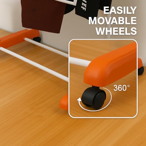 FLIPZON Premium Clothes Stand for Drying with Wheels | Portable | 1 Layer Rack for Balcony | Foldable Wings | 7 Hanger Rods | Alloy Steel & Plastic (White & Orange) | Small - Image 5