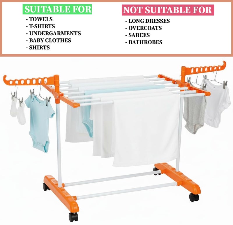 FLIPZON Premium Clothes Stand for Drying with Wheels | Portable | 1 Layer Rack for Balcony | Foldable Wings | 7 Hanger Rods | Alloy Steel & Plastic (White & Orange) | Small - Image 2